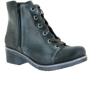 NAOT leather zip up/laced bottles with removable cork footbed and arch support.